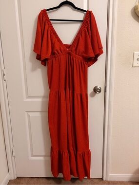 Women's Red Flutter Sleeve Maxi Dress